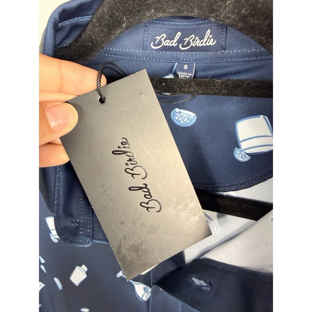 Bad Birdie Men's S Navy Blue Cocktail Drinks Print Golf Polo Shirt Stretch - Picture 3 of 5